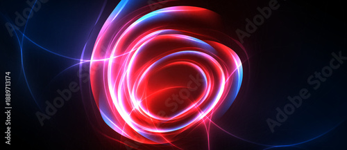 Bright swirling lights form abstract circular pattern. Red, blue hues dominate dark background. Energetic, dynamic visual effect.