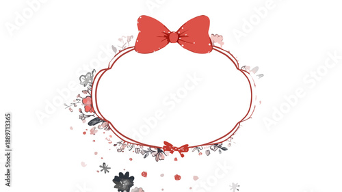 Owalna, ozdobna ramka z kokardkami i kwiatowymi elementami, idealna do personalizacji.