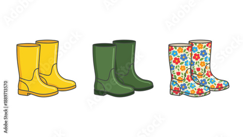 Three pairs of colorful rain boots, including yellow, green, and a floral pattern, standing side by side.