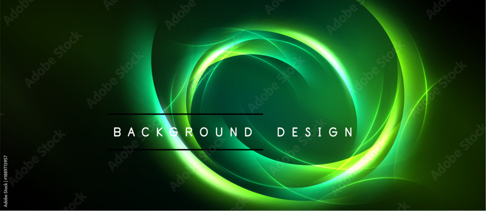 Fototapeta premium Abstract green design features glowing circular lines. Dark background enhances vibrant energy, modern aesthetic. Simple text overlay present.