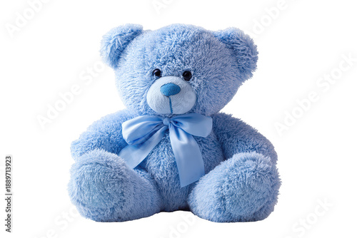 Cute light blue teddy bear with bow isolated on transparent background. Fluffy blue teddy bear with ribbon for kids gift isolated on white background.