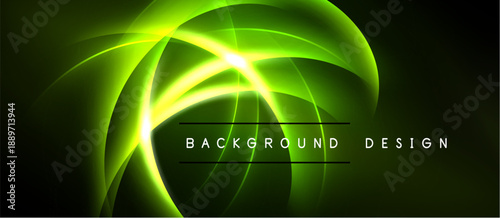 Bright neon green curves radiate from center. Dark background emphasizes glowing lines, creating dynamic visual effect. Modern design element.