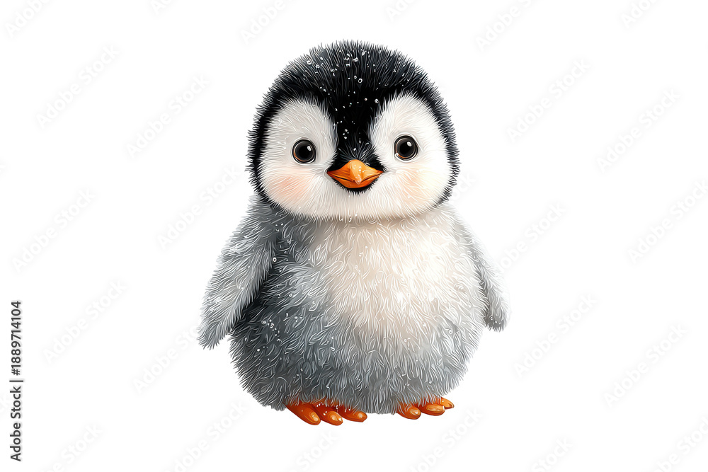 Fototapeta premium Cute fluffy penguin toy isolated on transparent background. Cute baby penguin illustration with fluffy feathers isolated on white background.