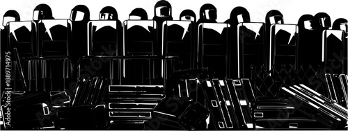 Group of riot police officers in formation with shields.