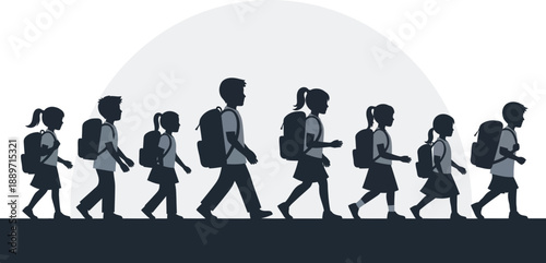 Elementary students silhouette walking in row to school with bags vector