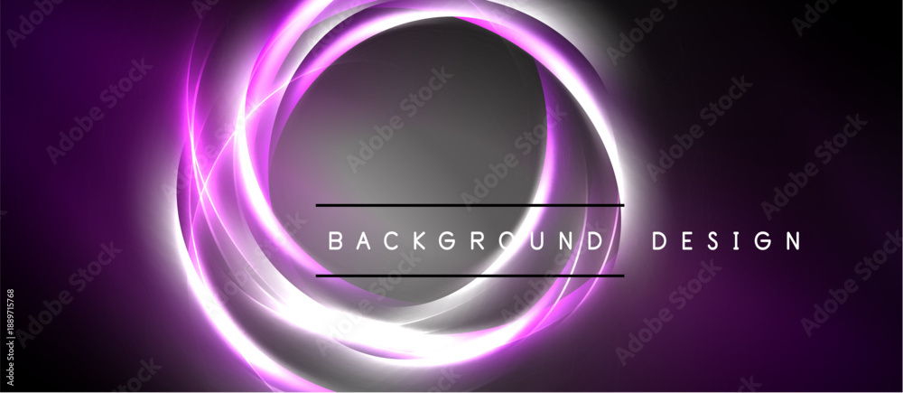 Naklejka premium Dark background features glowing purple circular layers. Text reads background design centered within circle. Minimalist, modern aesthetic.