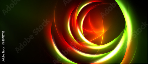 Abstract swirls, vibrant colors blend. Red, green, orange radiate from center. Dark background emphasizes glowing forms. Dynamic energy.