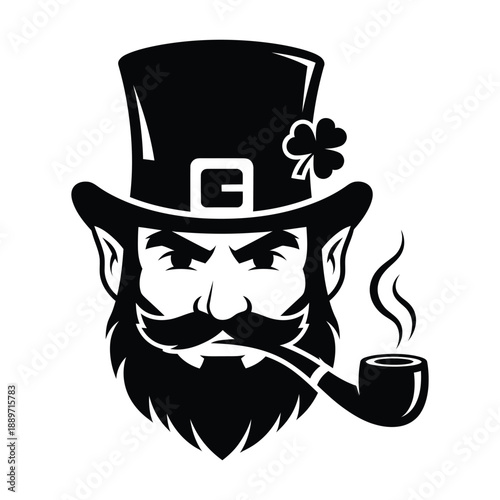 Black and white illustration of a leprechaun with a pipe and hat