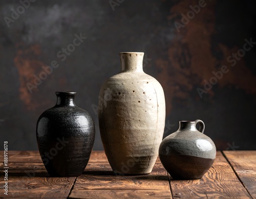 Wallpaper Mural Three ceramic vases of varied sizes sit on a rustic wooden table Torontodigital.ca