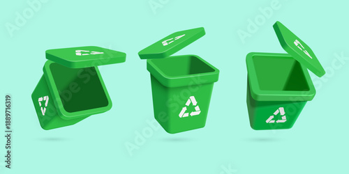 empty green plastic bin with white recycling logo on side, shown from three angles lid is open revealing empty interior with all contents scattered in air standalone, vector for waste sorting campaign