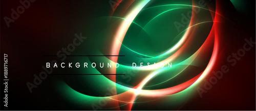 Abstract neon lights create dynamic swirls. Red, green, white hues blend into dark background. Modern design element.
