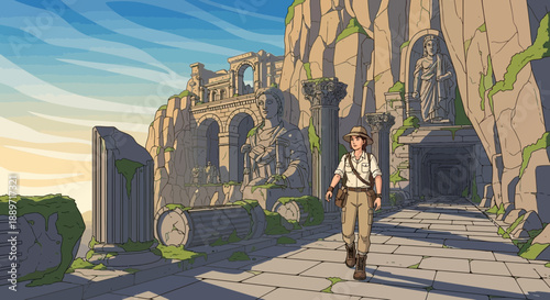 Man Exploring Ancient Ruins on a Sunny Day