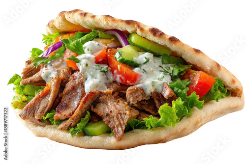 Delicious Gyro Sandwich with Meat and Fresh Vegetables in Pita Bread Isolated on Transparent Background