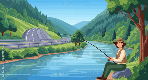 Man fishing by serene river with lush greenery and highway