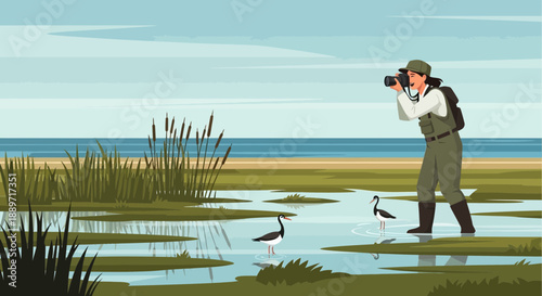 Man observing birds in wetland habitat with binoculars