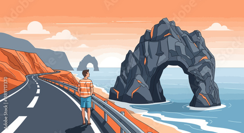 Man standing on a coastal road with ocean views and rock formations