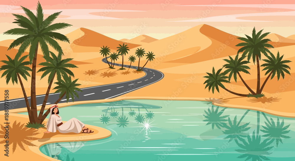 Fototapeta premium Serene Desert Oasis with Palm Trees and Winding Road