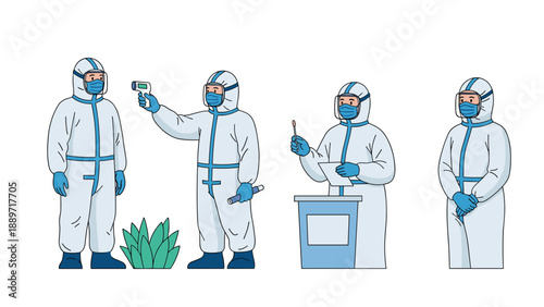 Medical team wearing full protective gear conducts viral testing and health screenings using thermometers and swabs in a set.