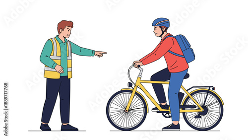 Angry construction worker in a safety vest shouts and points at a cyclist riding a bicycle through a restricted work zone.