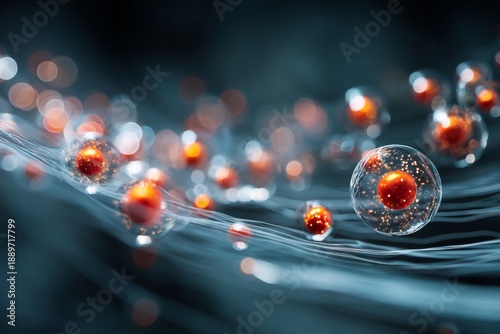 Vibrant particle flow depicted through a mesmerizing digital art piece. Bubbles of energy dance on a serene backdrop. Explore the beauty of science and technology. Generative AI