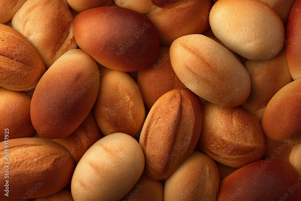 Fototapeta premium A stunning collection of freshly baked rolls and bread shapes. Their warm tones and textures create an inviting atmosphere. Perfect for food lovers and culinary enthusiasts. Generative AI