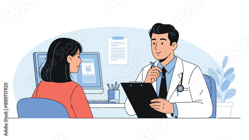 Female patient consults with a professional doctor in a modern medical office about health concerns and treatment options.