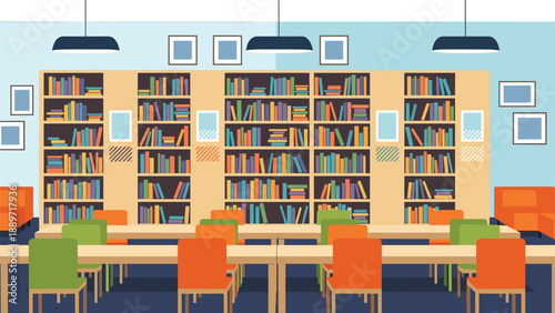 Spacious modern library or university study area with tall bookshelves, organized tables, and vibrant orange and green chairs.