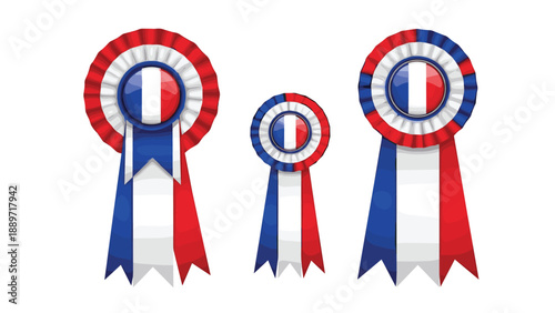 Three award ribbons or rosettes designed with the colors of the French flag featuring red, white, and blue pleated fabric.