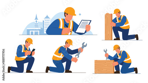 Set of illustrations featuring a construction worker in various functional poses like using a wrench and writing on a clipboard.