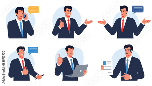Collection of businessman characters in different professional scenarios like talking on the phone and giving presentations.