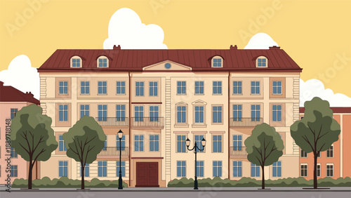 Classic european apartment building with multiple windows and balconies standing on a quiet street with green leafy trees.