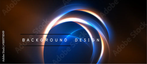 Abstract design features glowing concentric circles. Dark background contrasts bright neon hues, creating dynamic visual effect.