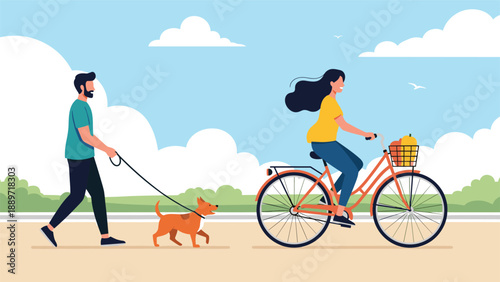 Peaceful park scene features a man walking his small brown dog on a leash while a woman rides her bicycle along a sunny paved pathway.