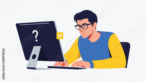 Young man with glasses looks puzzled while working at his computer with a large question mark appearing on the monitor screen.