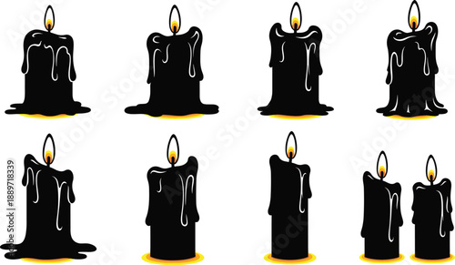 Set of black burning candles with melted wax for Halloween party
