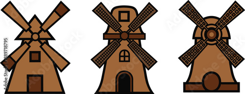 Traditional farm windmill illustration set with different designs