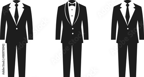 Black suit silhouettes set, tuxedo and business suits vector, formal menswear icons, minimalist fashion illustration on white background, clean designBlack suit silhouettes set