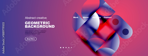 Modern website header design features abstract geometric shapes, vibrant colors, text elements, navigation menu. Clean layout promotes visual appeal.