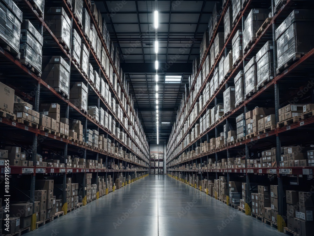 Fototapeta premium Aisle in a large warehouse with shelves and boxes