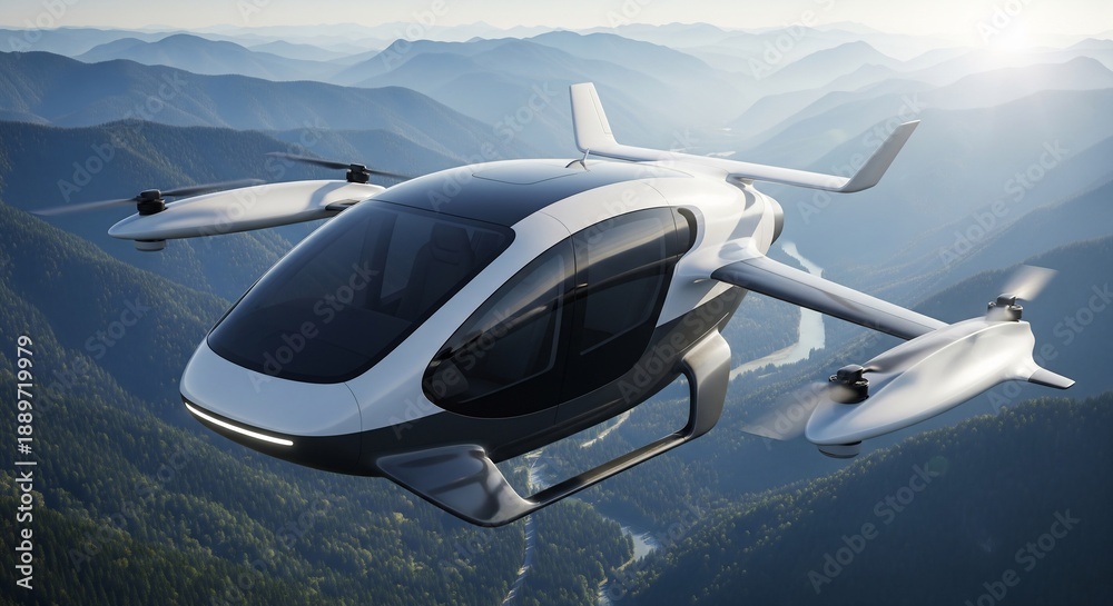 Fototapeta premium Modern electric aircraft flying over mountains with forest