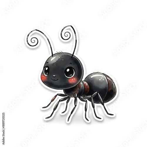 Cute Black Ant with Big Friendly Eyes and Rosy Cheeks, an Adorable Insect Character for Kids' Designs and Nature Art.