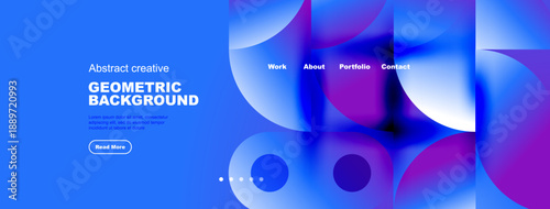 Bright blue website header. Abstract shapes, text elements, navigation menu present. Modern design, vibrant colors, clean layout.