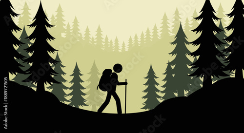 Silhouette of a hiker walking through a dense forest.