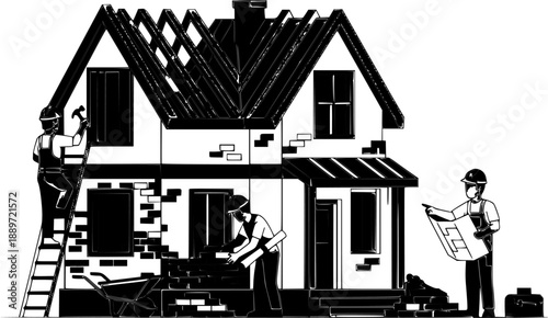 Construction workers renovating a house with blueprints.