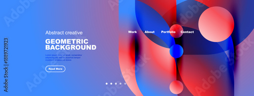 Abstract geometric background design. Blue, red hues create modern visual experience. Navigation menu present, text included.