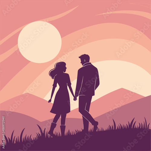 Romantic couple silhouette walking together at sunset landscape vector