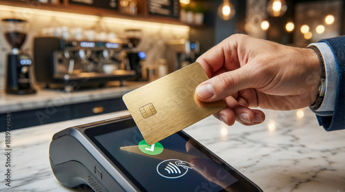 Arabian businessman hand using generic gold credit card for contactless payment