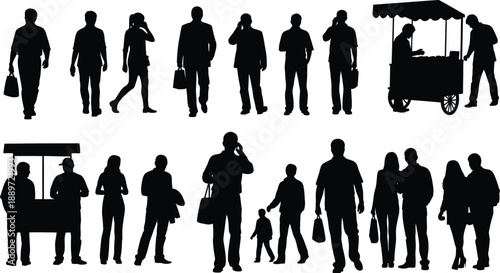 Urban people silhouettes, walking pedestrians and street food vendors