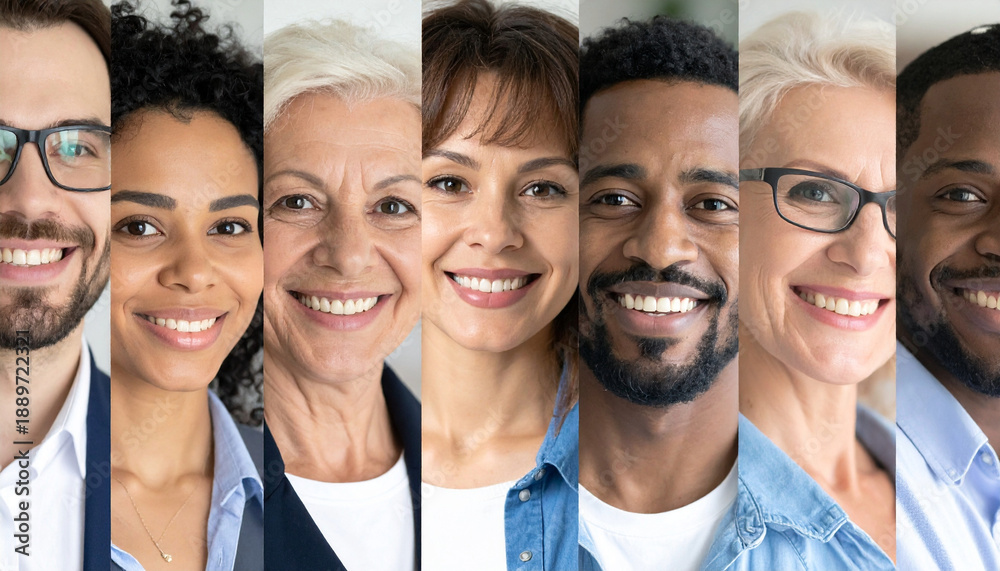 Fototapeta premium Collage mosaic of many multiracial people of different age and ethnicity faces headshots close up portraits. Lot of happy mixed multicultural diverse business people group photo collection concept