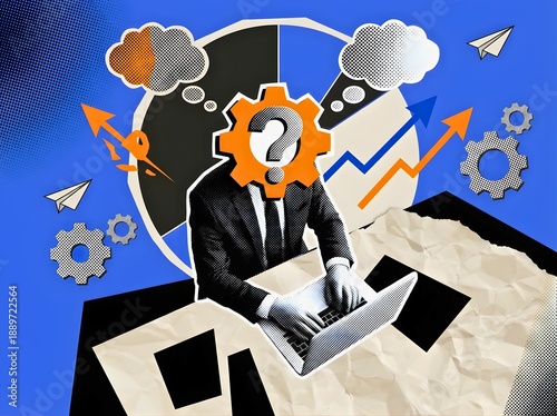 Businessman with Gear Head Working on Laptop Surrounded by Business Elements Strategy Technology